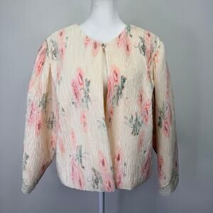 Vintage 90s Floral Pleated Jacket Lace Trim Sleeves Peach Womens M Easter